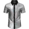 WULFUL Men’s Disco Shirt Sequins Short Sleeve Button Down Shirts 70s Party Costume Dress Shirts(Silver053)