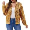 WULFUL Women’s Sequin Jackets Sparkly Glitter Long Sleeve Front Zip Bomber Blazers Party Costume(Gold-sliver)