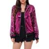 WULFUL Women’s Sequin Jackets Sparkly Glitter Long Sleeve Front Zip Bomber Blazers Party Costume(Rose Red)