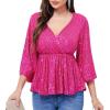 WULFUL Women’s Sequin Tops Sparkly V-Neck Split 3/4 Sleeve Wrap Peplum Top Party Club Night Out Disco Cocktail Shirts(Rose Red)