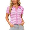 WULFUL Womens Short Sleeve Striped Pullover Sweater Cardigan Ribbed Knit Casual V Neck Shirt Tops(Rose Red)
