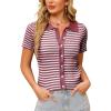 WULFUL Womens Short Sleeve Striped Pullover Sweater Cardigan Ribbed Knit Casual V Neck Shirt Tops(Wine)