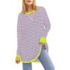 WULFUL Womens Striped Long Sleeve Tops Oversized Sweatshirt 2024 Fall Crewneck Casual Loose T-Shirts with Thumb Holes(Blue Pink)