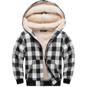 WULFUL Boys Flannel Fleece Jackets Plaid Sherpa Hoodie Zip Up Winter Coat 5-14 Years(Black 649)