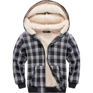 WULFUL Boys Flannel Fleece Jackets Plaid Sherpa Hoodie Zip Up Winter Coat 5-14 Years(Black 758)