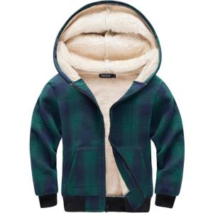 WULFUL Boys Flannel Fleece Jackets Plaid Sherpa Hoodie Zip Up Winter Coat 5-14 Years(Green 813)