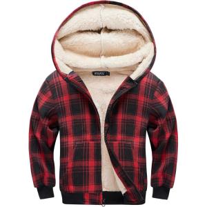 WULFUL Boys Flannel Fleece Jackets Plaid Sherpa Hoodie Zip Up Winter Coat 5-14 Years(Red 711)