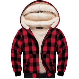 WULFUL Boys Flannel Fleece Jackets Plaid Sherpa Hoodie Zip Up Winter Coat 5-14 Years(Red 798)