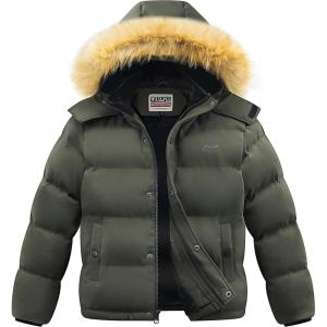 WULFUL Boy’s Girls Winter Coats Waterproof Fleece Lined Puffer Jackets Kids Thicken Outerwear With Detachable Hood(Army Green)