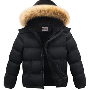 WULFUL Boy’s Girls Winter Coats Waterproof Fleece Lined Puffer Jackets Kids Thicken Outerwear With Detachable Hood(Black)