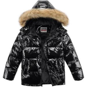 WULFUL Boy’s Girls Winter Coats Waterproof Fleece Lined Puffer Jackets Kids Thicken Outerwear With Detachable Hood(Bright Black)