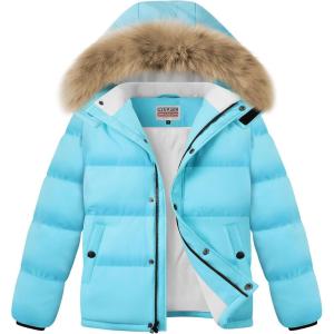WULFUL Boy’s Girls Winter Coats Waterproof Fleece Lined Puffer Jackets Kids Thicken Outerwear With Detachable Hood(Lake Blue)