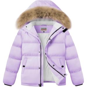 WULFUL Boy’s Girls Winter Coats Waterproof Fleece Lined Puffer Jackets Kids Thicken Outerwear With Detachable Hood(Light Purple)