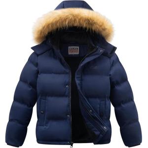 WULFUL Boy’s Girls Winter Coats Waterproof Fleece Lined Puffer Jackets Kids Thicken Outerwear With Detachable Hood(Navy)