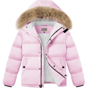 WULFUL Boy’s Girls Winter Coats Waterproof Fleece Lined Puffer Jackets Kids Thicken Outerwear With Detachable Hood(Pink)