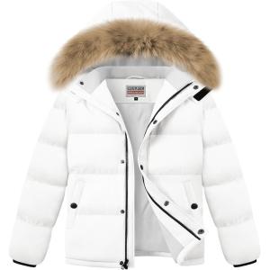 WULFUL Boy’s Girls Winter Coats Waterproof Fleece Lined Puffer Jackets Kids Thicken Outerwear With Detachable Hood(White)