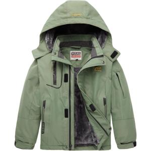 WULFUL Boy’s Waterproof Ski Jacket Warm Fleece Hooded Winter Snow Coat(Army Green(0006))