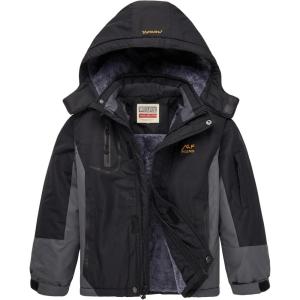 WULFUL Boy’s Waterproof Ski Jacket Warm Fleece Hooded Winter Snow Coat(Black-grey)