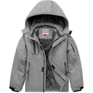 WULFUL Boy’s Waterproof Ski Jacket Warm Fleece Hooded Winter Snow Coat(Dark Grey)