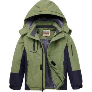 WULFUL Boy’s Waterproof Ski Jacket Warm Fleece Hooded Winter Snow Coat(Green-grey)