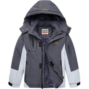 WULFUL Boy’s Waterproof Ski Jacket Warm Fleece Hooded Winter Snow Coat(Grey-black)