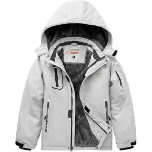 WULFUL Boy’s Waterproof Ski Jacket Warm Fleece Hooded Winter Snow Coat(Light Grey)