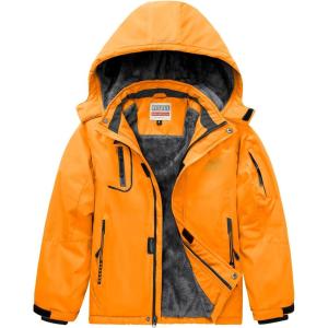 WULFUL Boy’s Waterproof Ski Jacket Warm Fleece Hooded Winter Snow Coat(Orange)