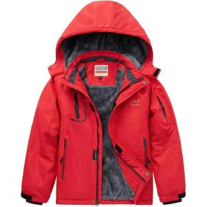 WULFUL Boy’s Waterproof Ski Jacket Warm Fleece Hooded Winter Snow Coat(Red)