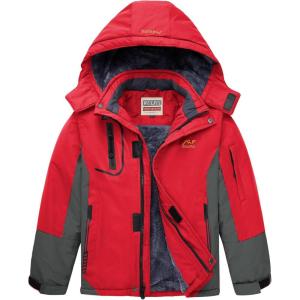 WULFUL Boy’s Waterproof Ski Jacket Warm Fleece Hooded Winter Snow Coat(Red-grey)