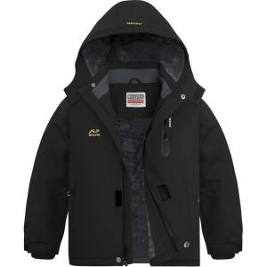 WULFUL Boy’s Waterproof Ski Jackets Warm Fleece Lined Hooded Winter Snow Coat(Black)