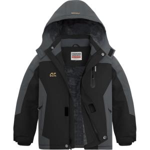 WULFUL Boy’s Waterproof Ski Jackets Warm Fleece Lined Hooded Winter Snow Coat(Black Grey)