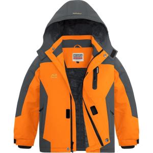 WULFUL Boy’s Waterproof Ski Jackets Warm Fleece Lined Hooded Winter Snow Coat(Orange Grey)