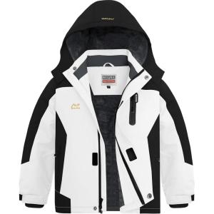 WULFUL Boy’s Waterproof Ski Jackets Warm Fleece Lined Hooded Winter Snow Coat(White Black)