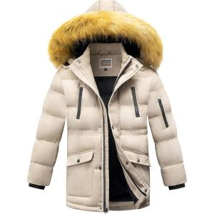 WULFUL Boy’s Winter Coat Waterproof Fleece Lined Parka Jackets Kids Hooded Puffer Outerwear(Khaki)