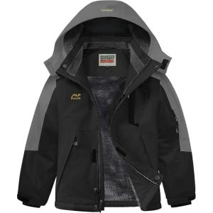 WULFUL Boy’s Winter Waterproof Ski Coat Kids Thick Fleece Snow Jacket Outdoor Windproof Coat(Black(grey))