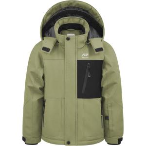 WULFUL Boy’s Winter Waterproof Ski Coat Kids Windproof Snow Jacket with Detachable Hood(Arrny Green)
