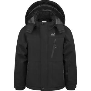 WULFUL Boy’s Winter Waterproof Ski Coat Kids Windproof Snow Jacket with Detachable Hood(Black)