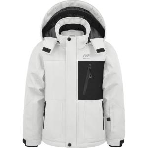 WULFUL Boy’s Winter Waterproof Ski Coat Kids Windproof Snow Jacket with Detachable Hood(White)