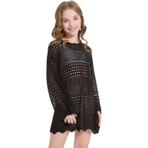 WULFUL Girl’s Crochet Long Sleeve Swimwear Cover Up Summer Beach Dress Swimsuit(Black)