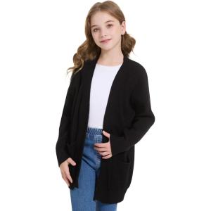 WULFUL Girls Long Sleeve Cardigan Kids Casual Open Front Oversized Sweater with Pockets(Black)