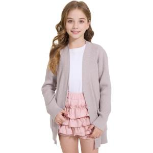 WULFUL Girls Long Sleeve Cardigan Kids Casual Open Front Oversized Sweater with Pockets(Grey)