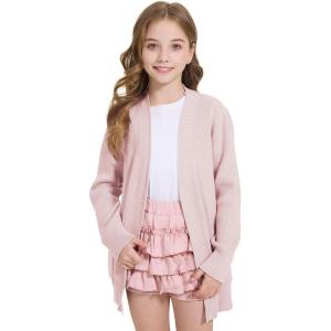 WULFUL Girls Long Sleeve Cardigan Kids Casual Open Front Oversized Sweater with Pockets(Pink)