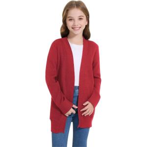 WULFUL Girls Long Sleeve Cardigan Kids Casual Open Front Oversized Sweater with Pockets(Red)
