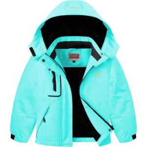 WULFUL Girl’s Waterproof Ski Jacket Warm Fleece Hooded Winter Snow Coat(Light Blue)
