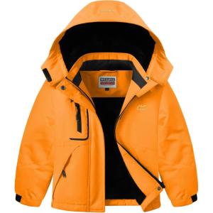 WULFUL Girl’s Waterproof Ski Jacket Warm Fleece Hooded Winter Snow Coat(Orange)