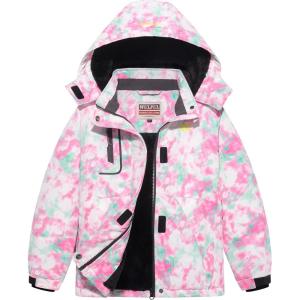 WULFUL Girl’s Waterproof Ski Jacket Warm Fleece Hooded Winter Snow Coat(Pink(green))