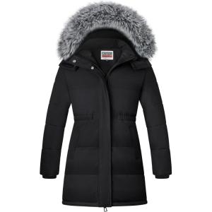 WULFUL Girl’s Winter Long Coats Hooded Parka Kids Warm Puffer Jacket(Black)