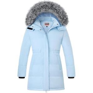 WULFUL Girl’s Winter Long Coats Hooded Parka Kids Warm Puffer Jacket(Light Blue)