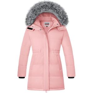 WULFUL Girl’s Winter Long Coats Hooded Parka Kids Warm Puffer Jacket(Pink)