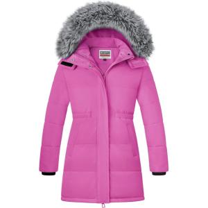 WULFUL Girl’s Winter Long Coats Hooded Parka Kids Warm Puffer Jacket(Rose Red)